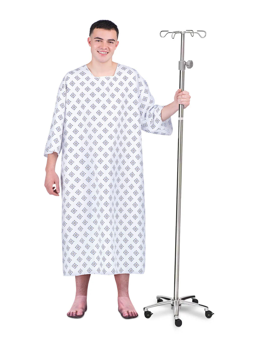 Vue de face avec porte-sérum du déguisement humoristique de patient pour adulte