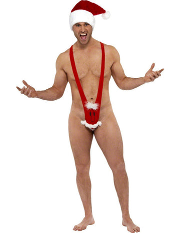 Mankini humoristique Père Noël pour homme rouge et blanc avec bonnet