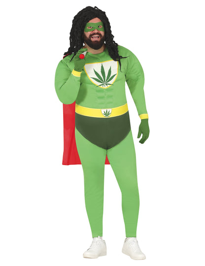 Vue de face avec perruque et masque du déguisement humoristique super héros feuille de cannabis