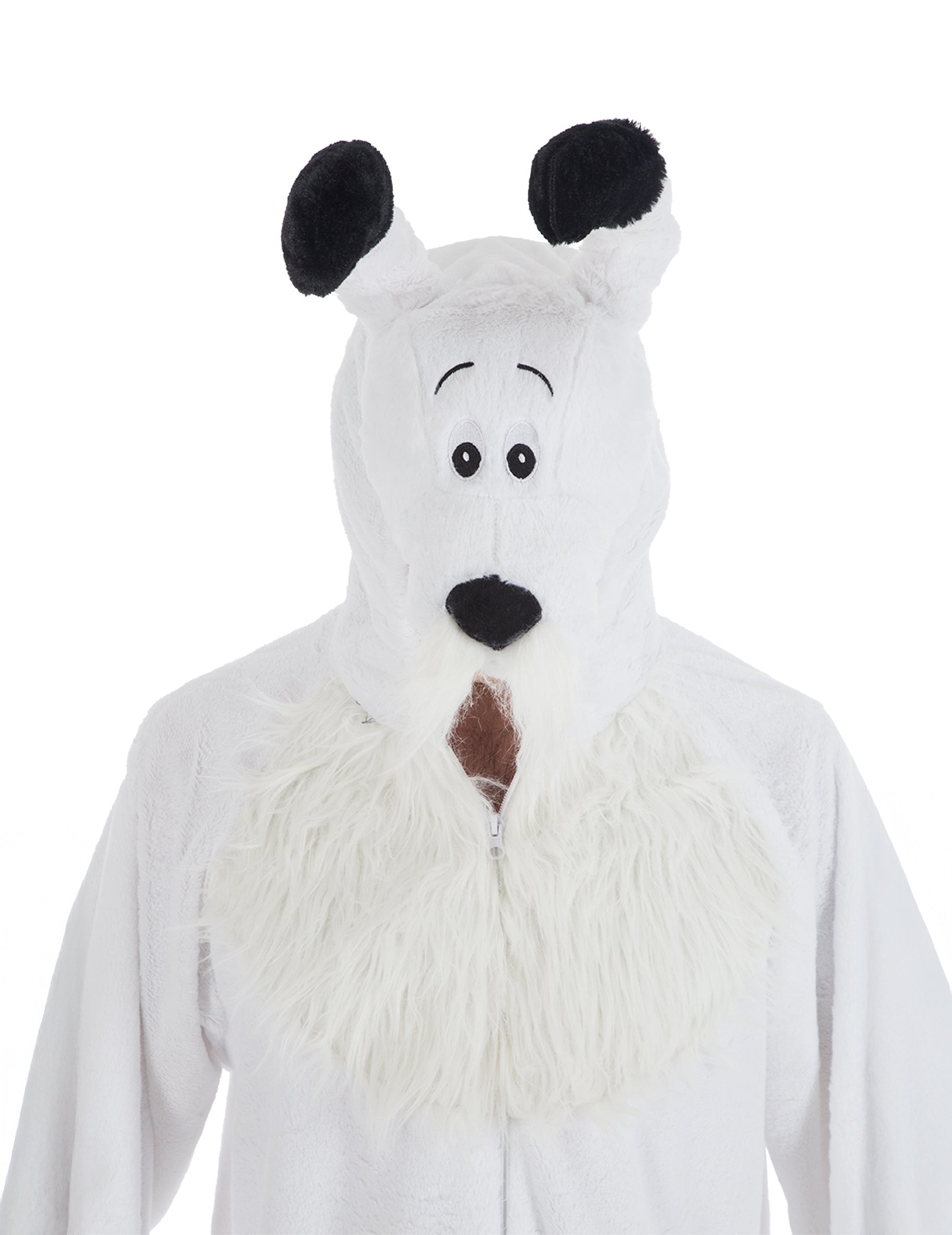 Gros plan sur la capuche du déguisement Idefix Astérix et Obélix pour adulte