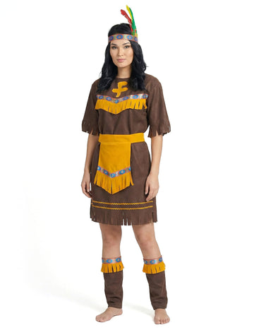 Déguisement indienne ceintrée pour femme marron et jaune avec franges et bandeau