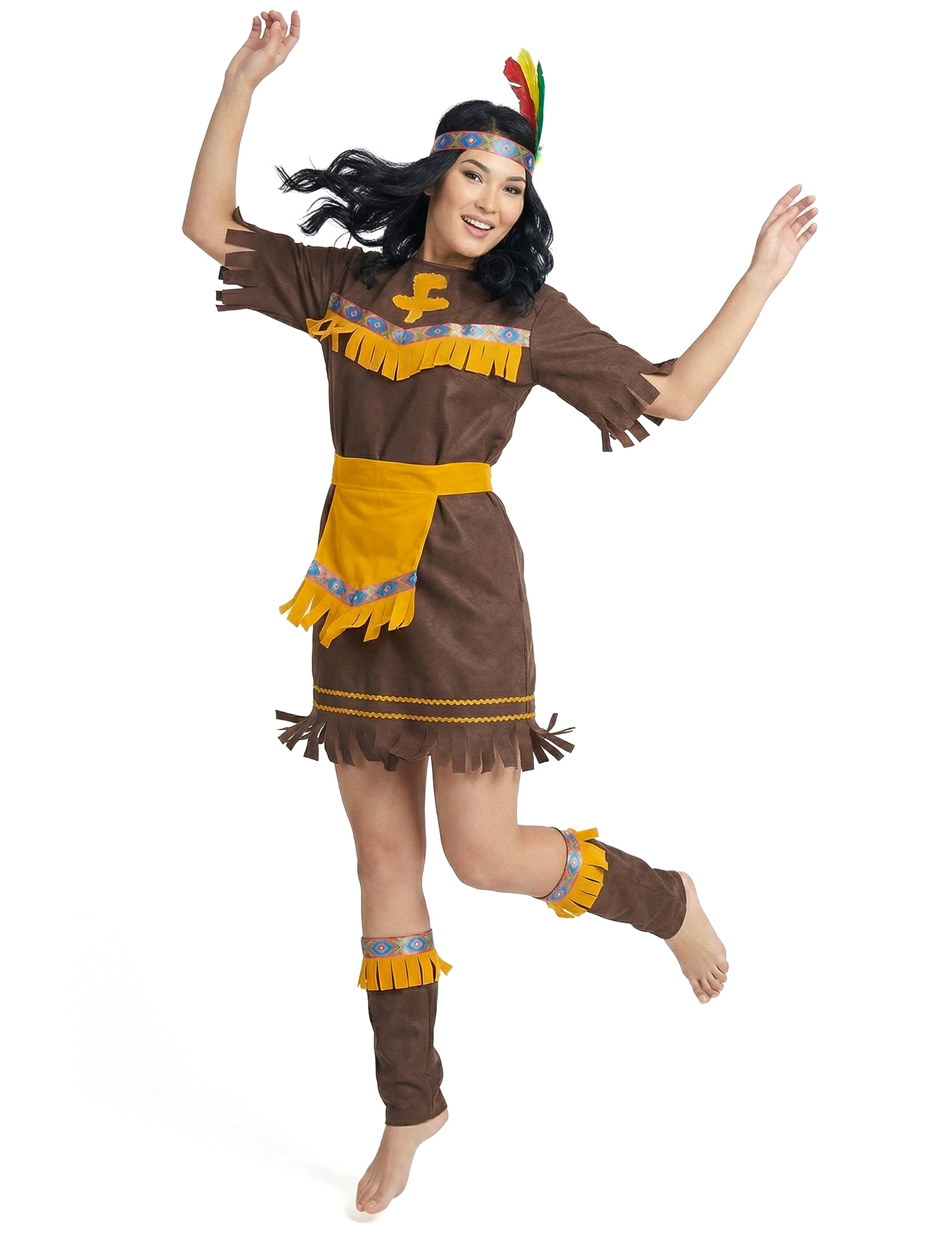 Celkový pohled s návleky na nohy dětského kostýmu indiánky s opaskem pro ženy