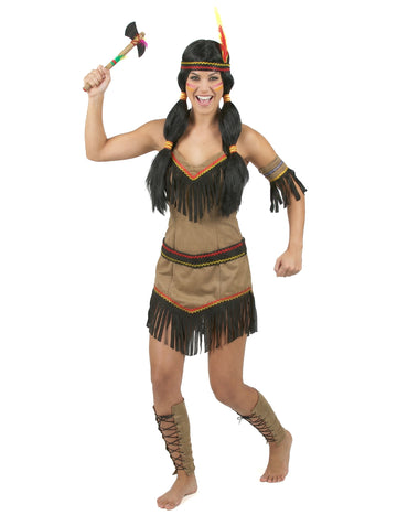 Déguisement indienne dos nu pour femme marron avec franges et bandeau