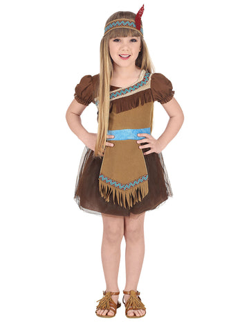 Déguisement d'indienne élégante pour fille marron et bleu avec bandeau à plume