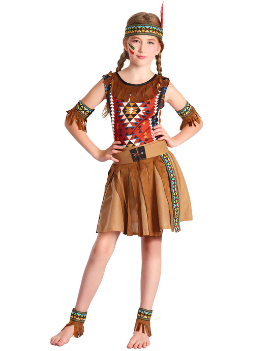 Déguisement indienne pour fille marron avec motifs ethniques et franges