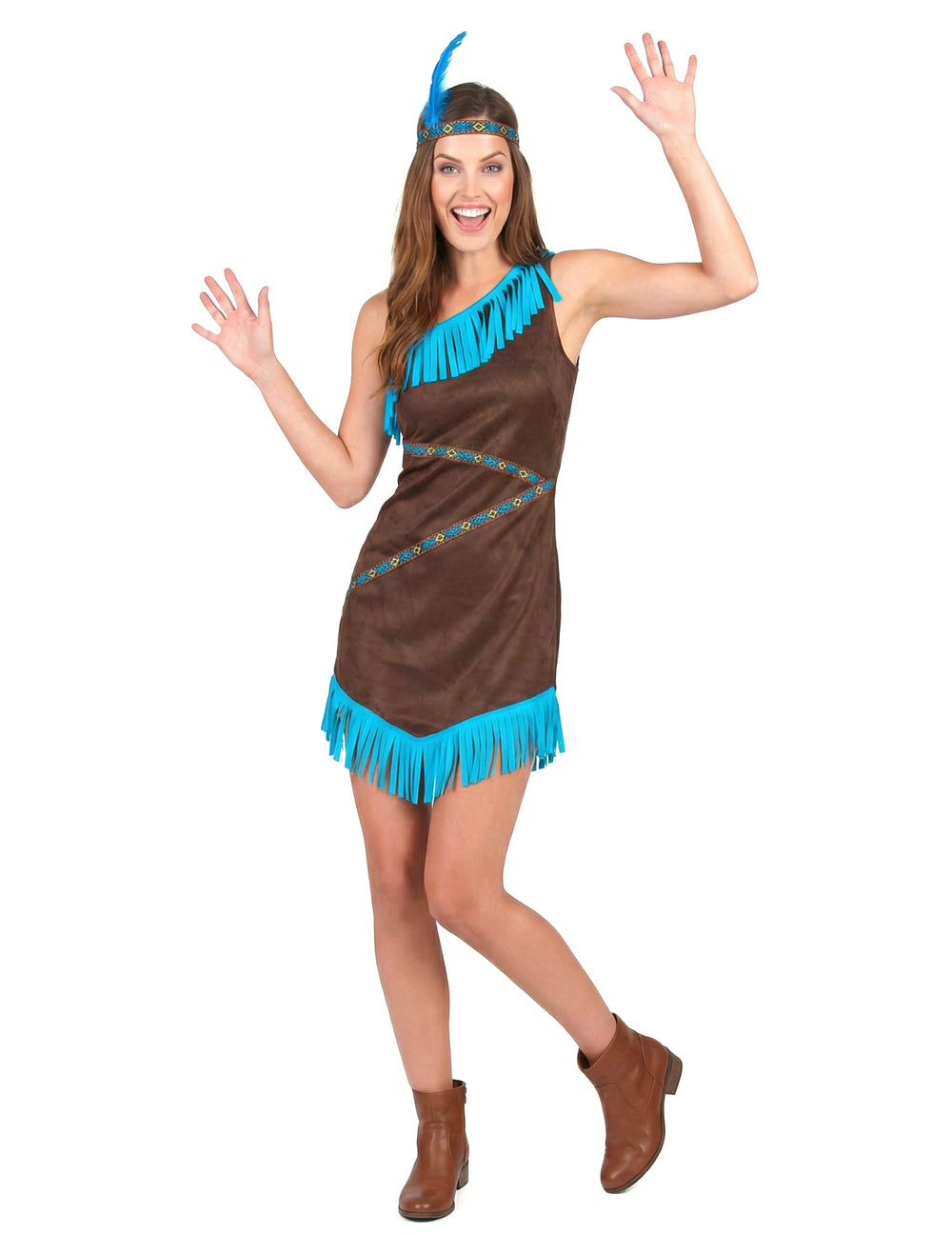 Vue d'ensemble du déguisement d'indienne pour femme marron et bleu