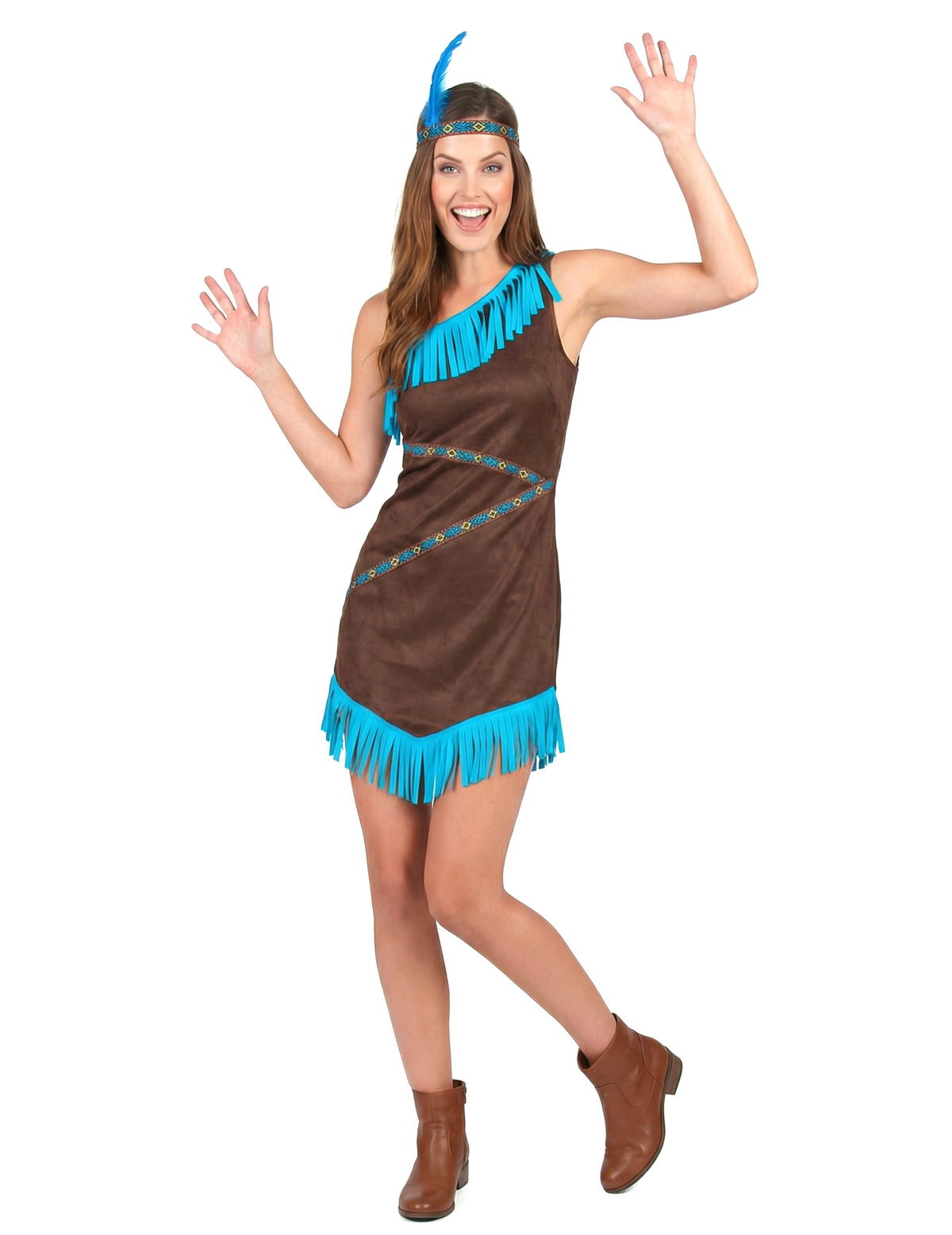 Vue d'ensemble du déguisement d'indienne pour femme marron et bleu
