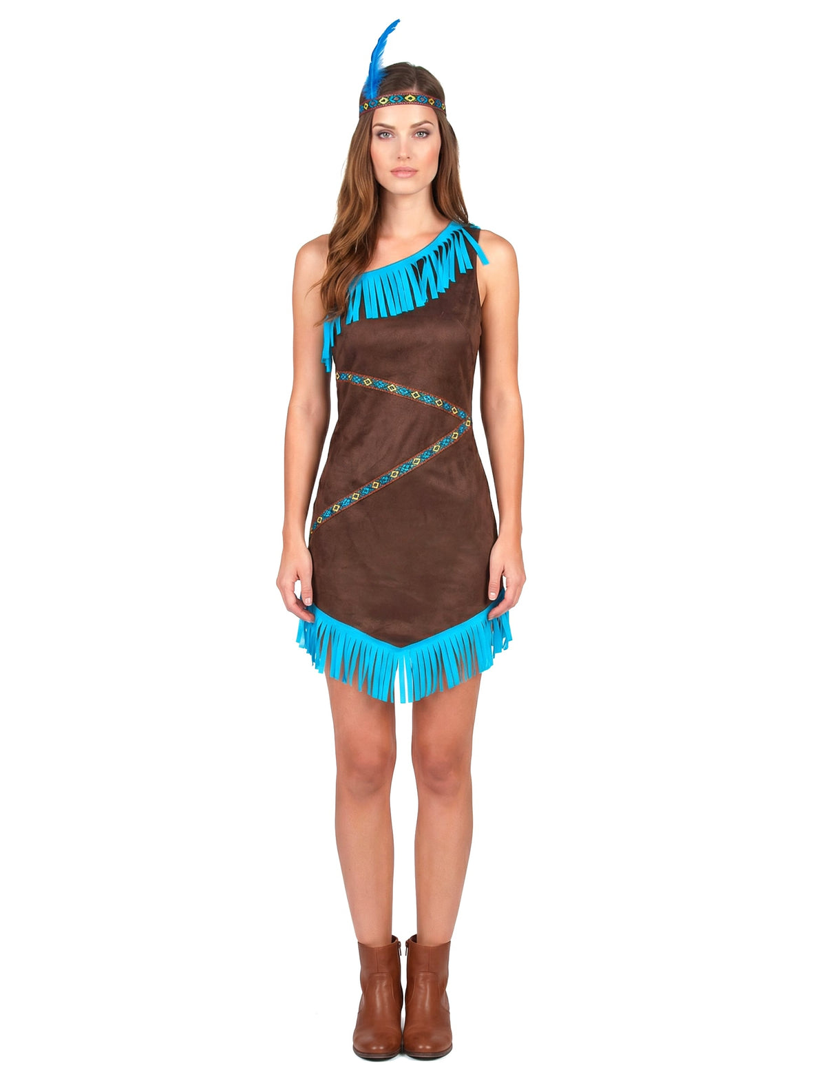 Vue de face du déguisement d'indienne pour femme marron et bleu