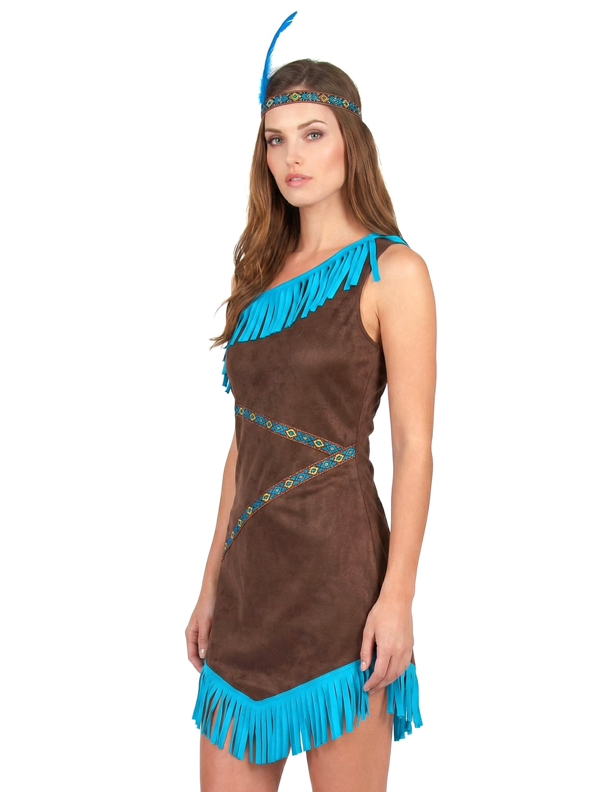 Vue de profil du déguisement d'indienne pour femme marron et bleu