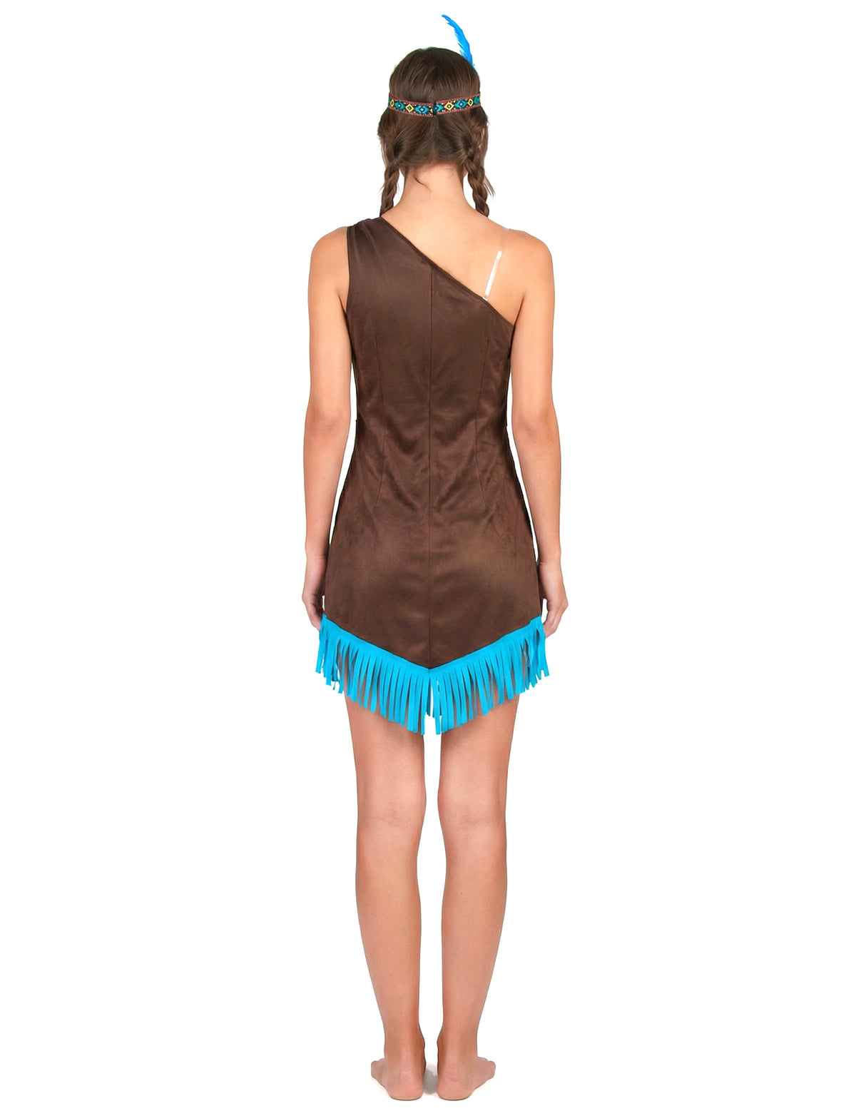 Vue de dos du déguisement d'indienne pour femme marron et bleu