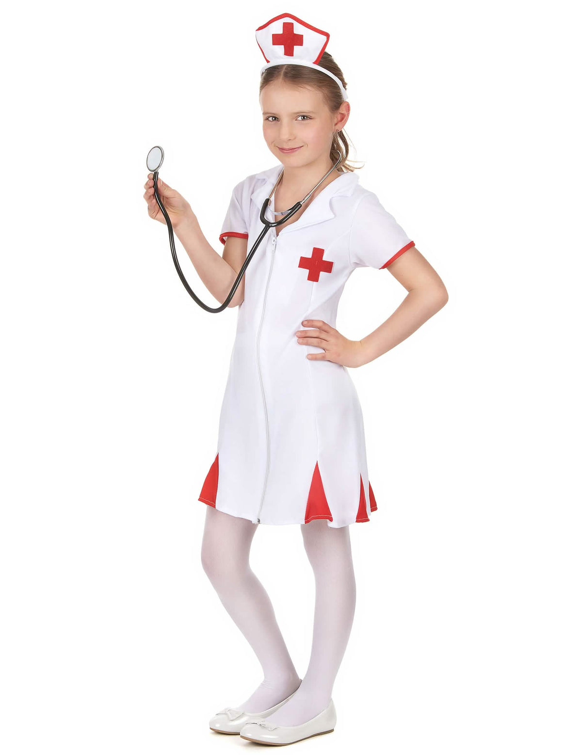 Pohled zepředu se stetoskopem na kostým sestřičky