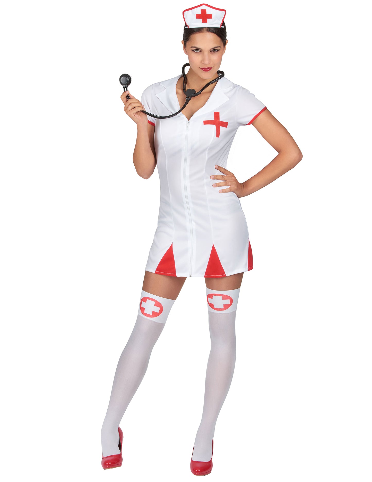 Déguisement infirmière robe courte pour femme blanc et rouge