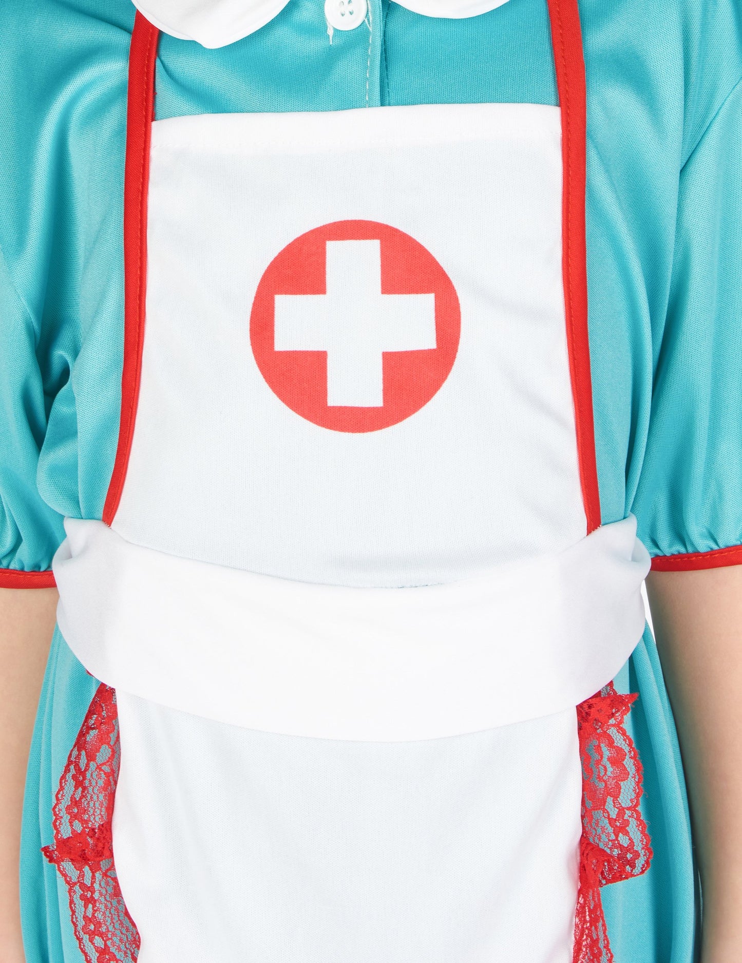 Detailní záběr na zástěru s červeným křížem kostýmu zdravotní sestry pro dívky