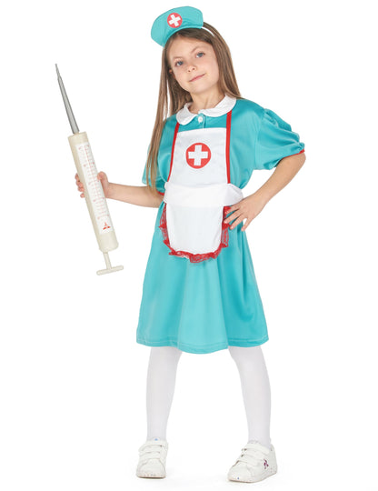 Dětský kostým zdravotní sestry v zelené barvě se zástěrou a čepicí
