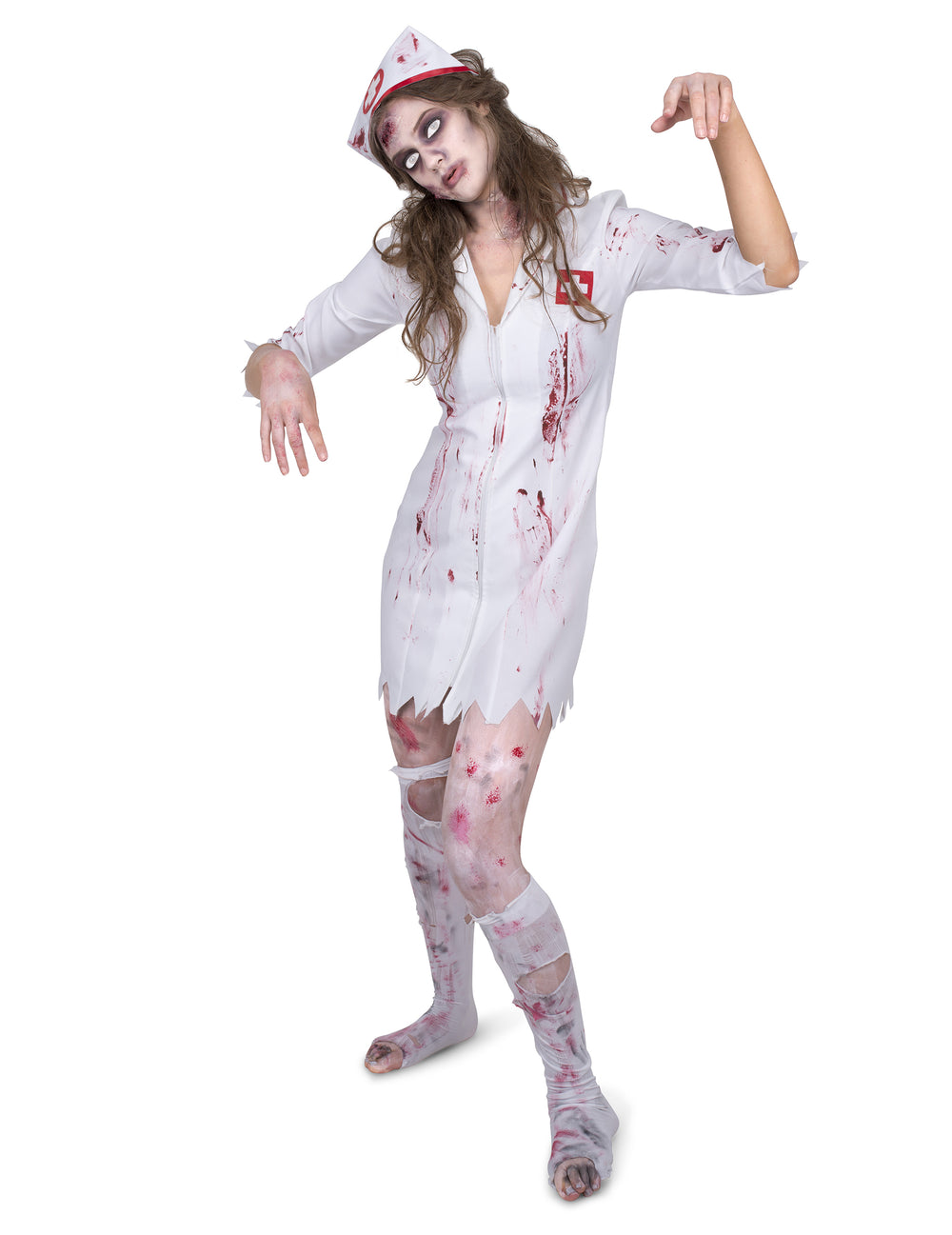 Déguisement infirmière zombifiée pour femme blanc ensanglanté avec coiffe