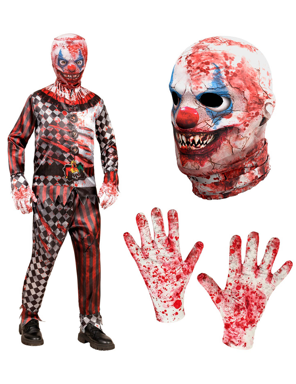 Détails de la cagoule et des gants du déguisement intégral clown tueur pour enfant