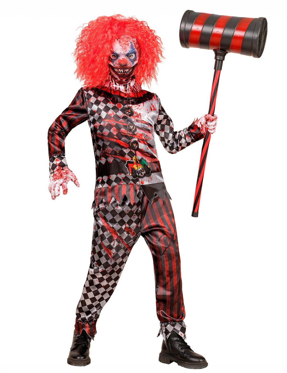Déguisement intégral clown tueur pour enfant à carreaux et rayures avec traces de sang