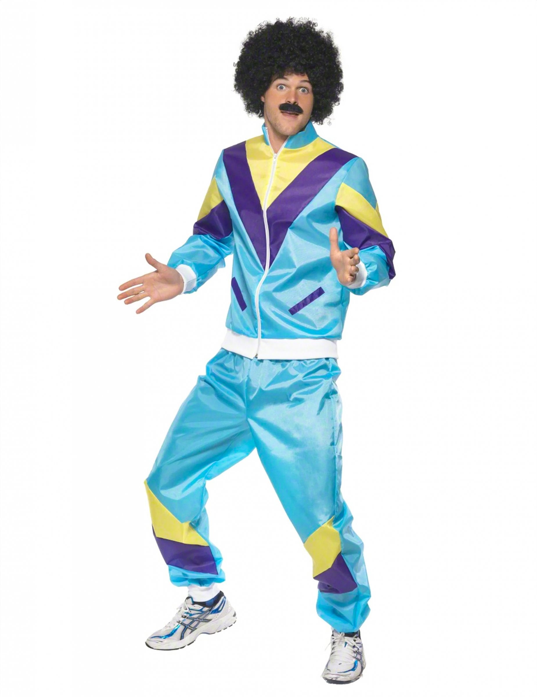 Dětský kostým jogging z 80. let pro dospělé v modré, žluté a fialové barvě