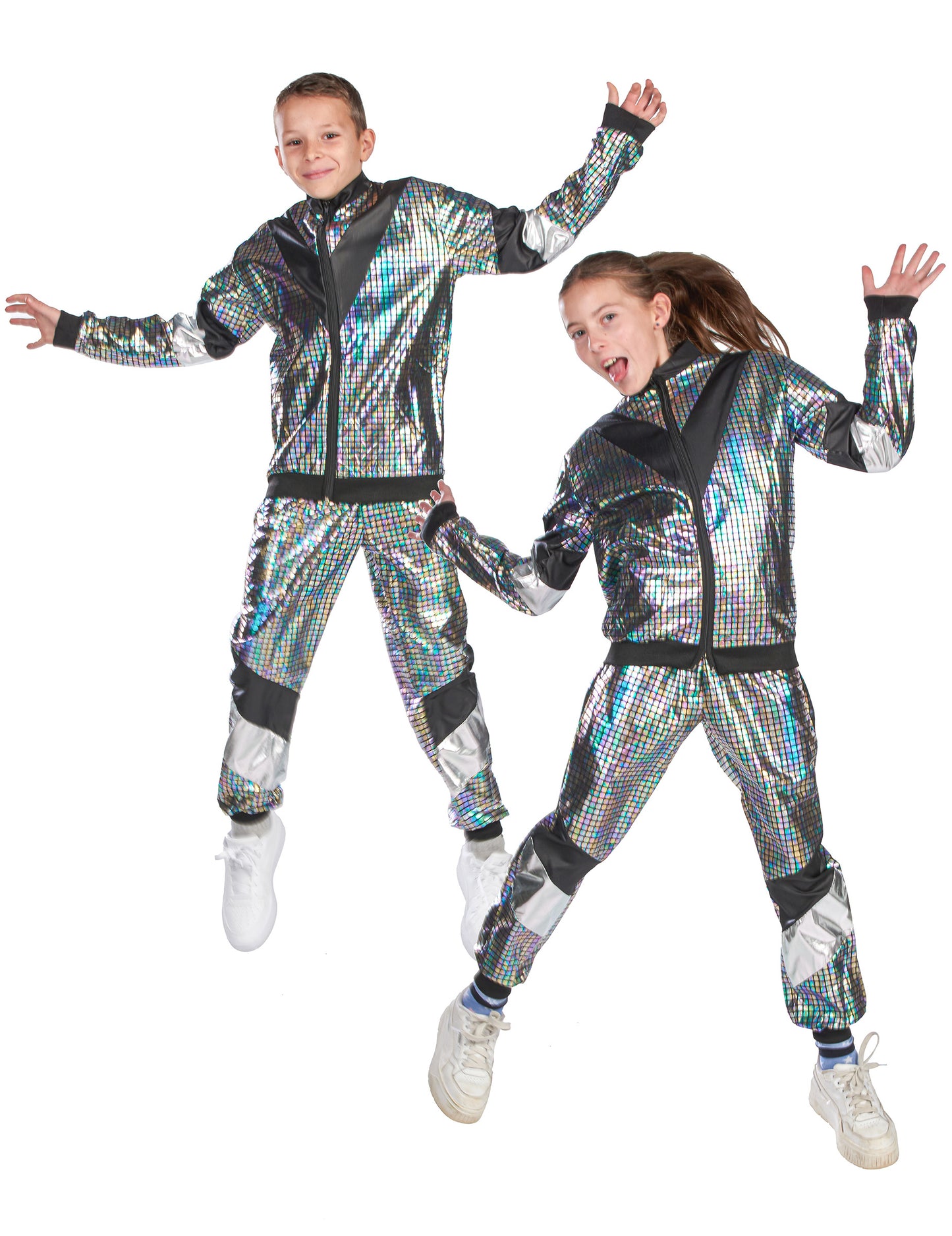Mise en situation en duo du déguisement jogging disco années 80 adolescent