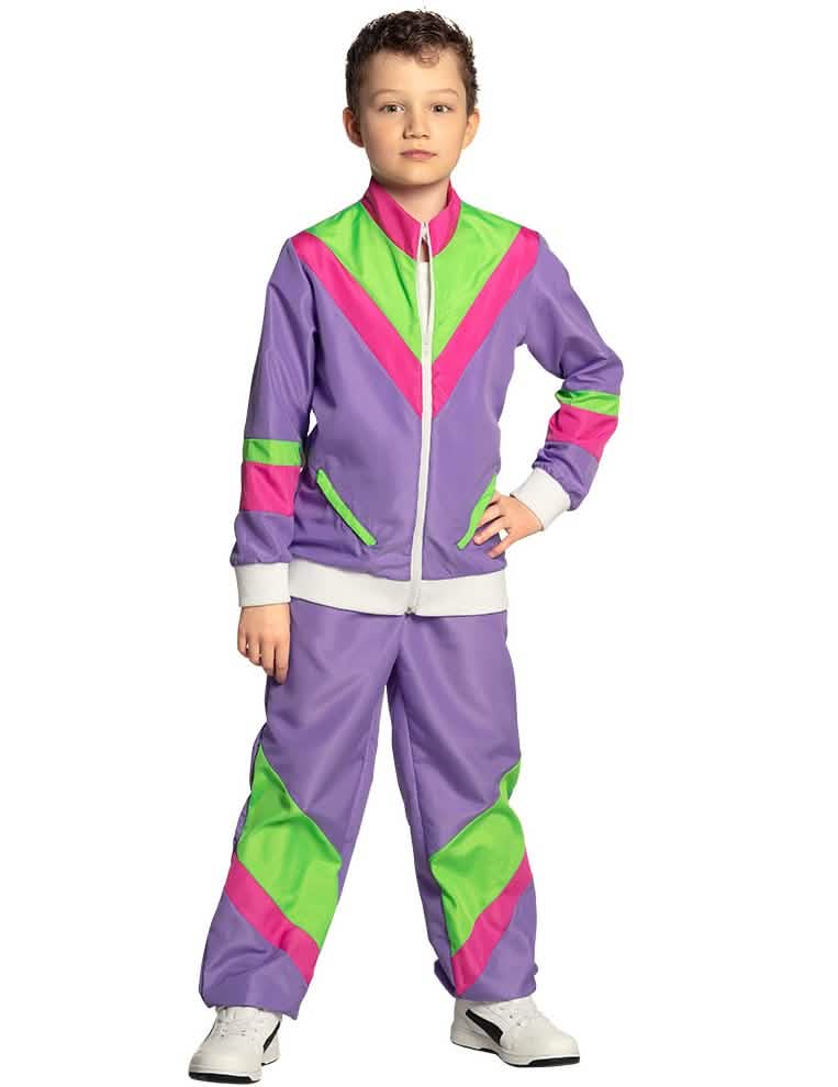 Retro jogging kostým pro dítě fialová s neon zelené a růžová pruhy