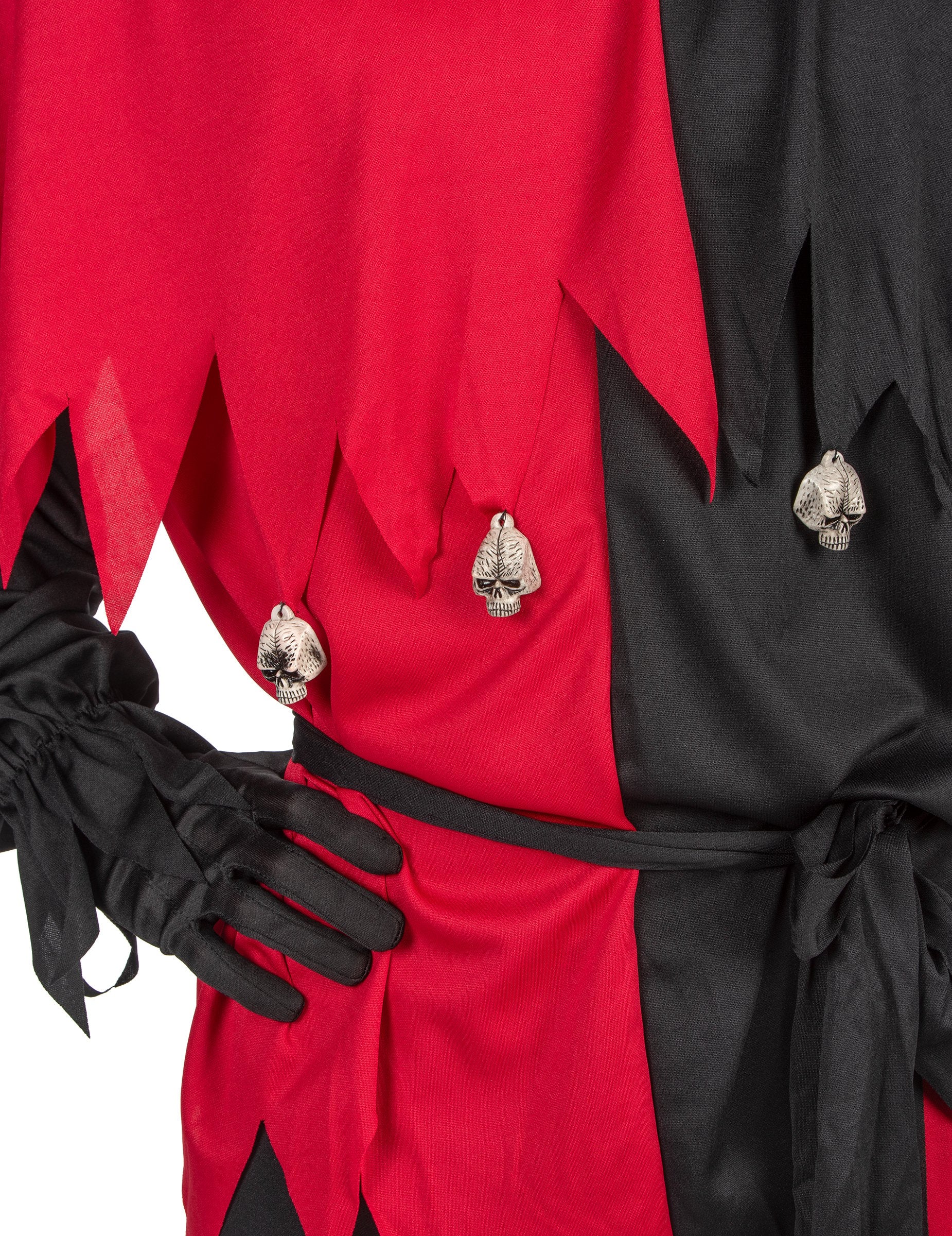 Zoom sur les crânes de la tunique du déguisement Joker Fou pour adulte