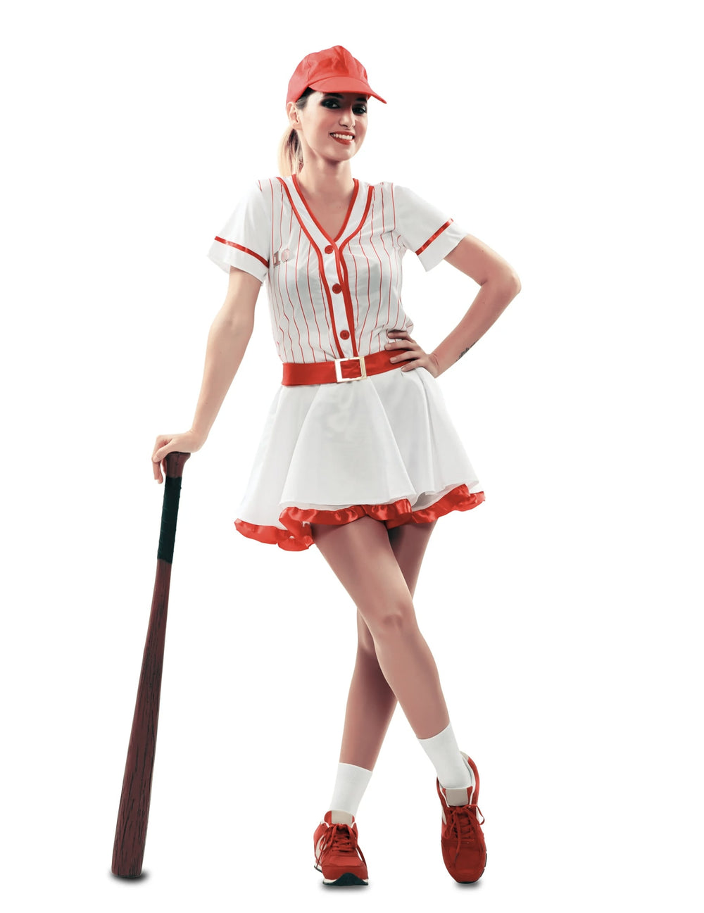 Vue de face avec batte de baseball du déguisement joueuse de baseball pour femme