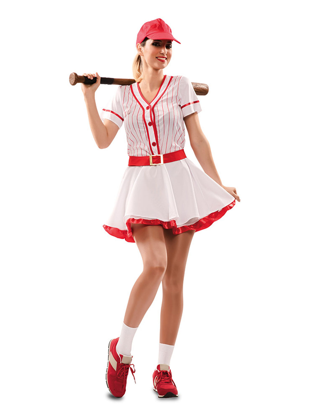Déguisement joueuse de baseball pour femme blanc et rouge avec casquette