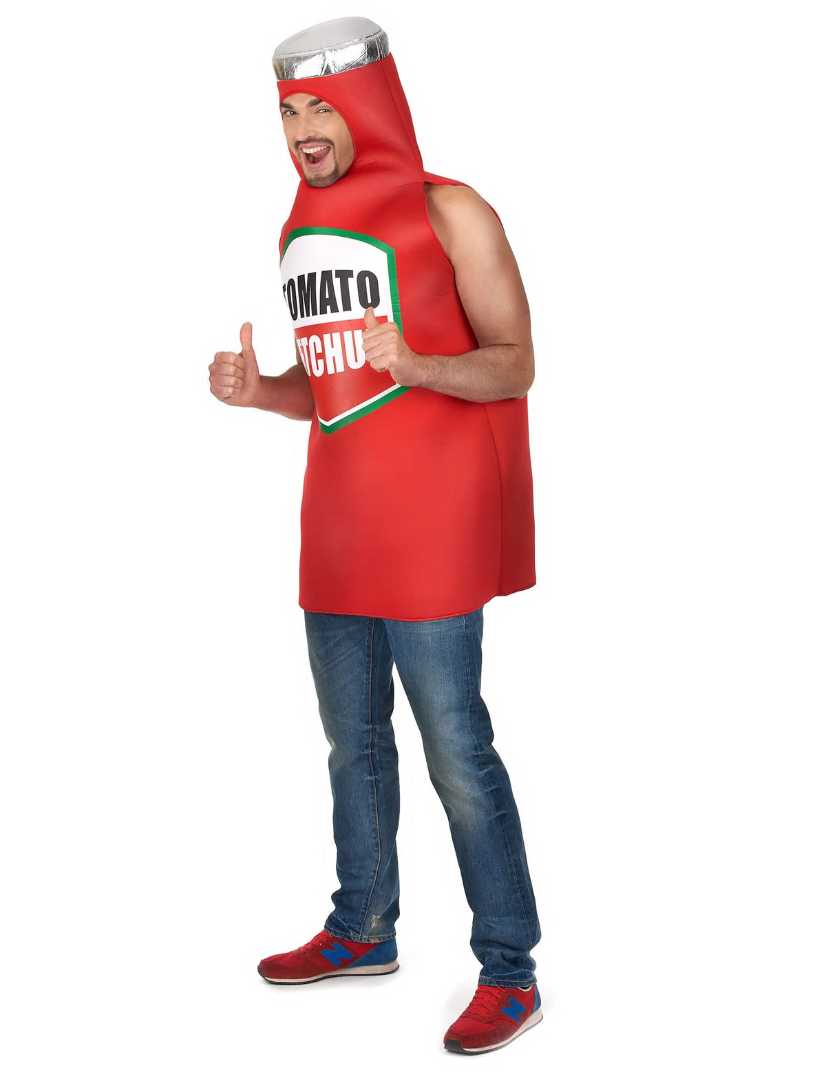 Boční pohled na dospělý kostým kečupu