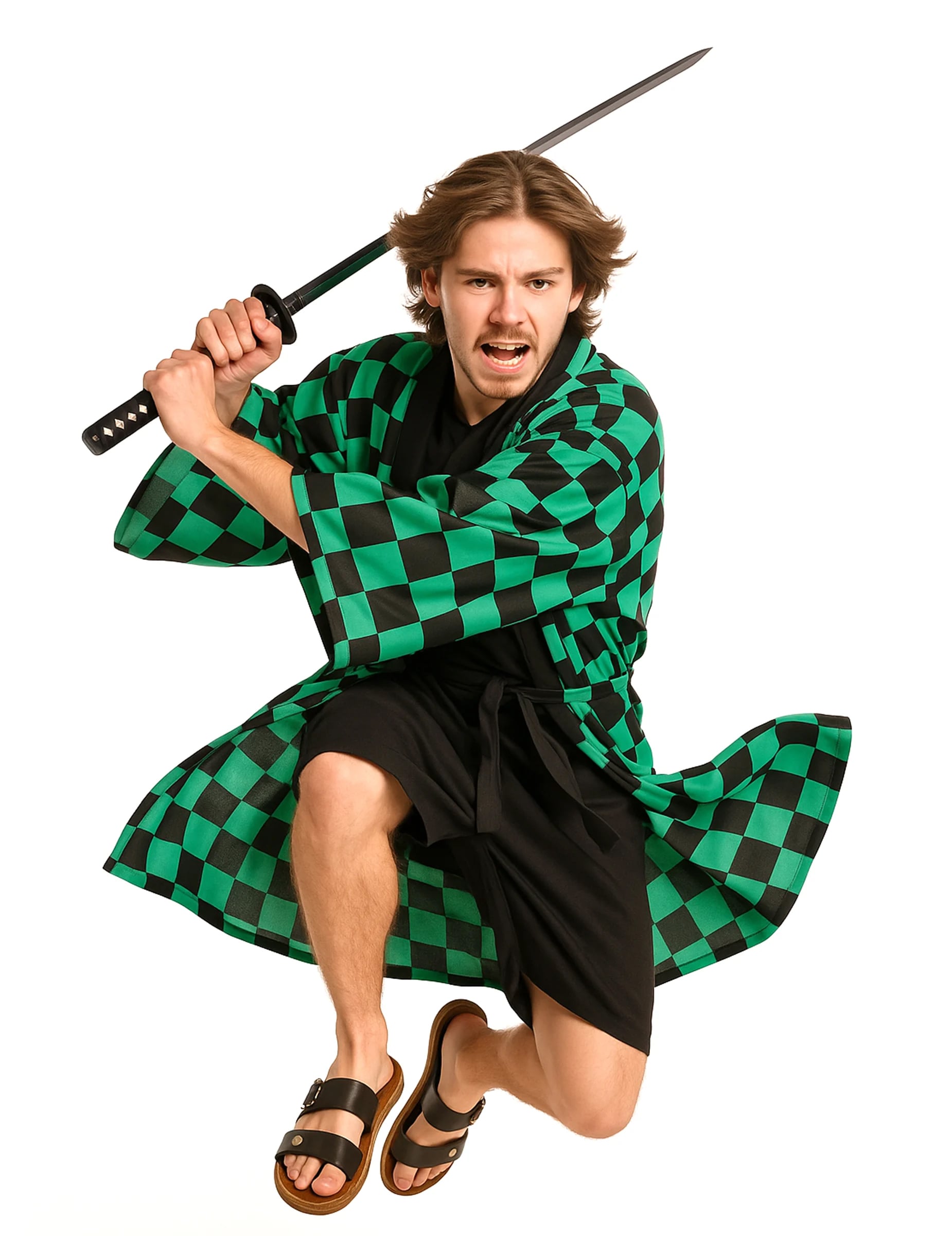 Déguisement kimono manga à damier pour adulte vert et noir