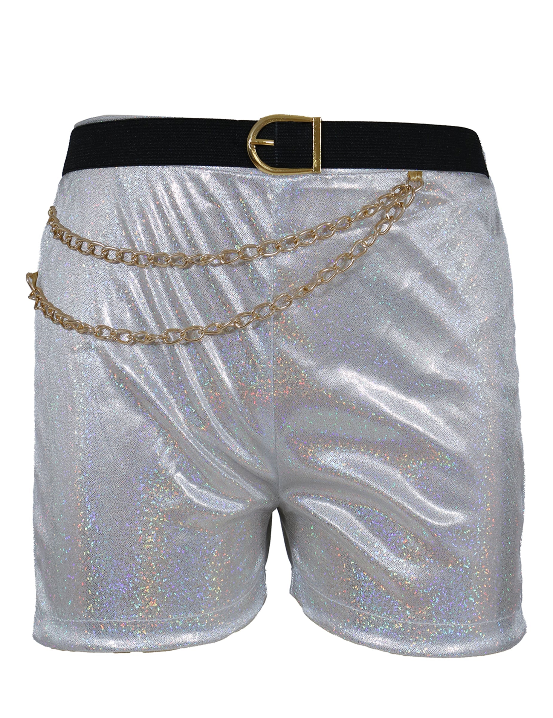 Short iridescent argenté avec ceinture noire et chaînes dorées du déguisement de star de K-pop