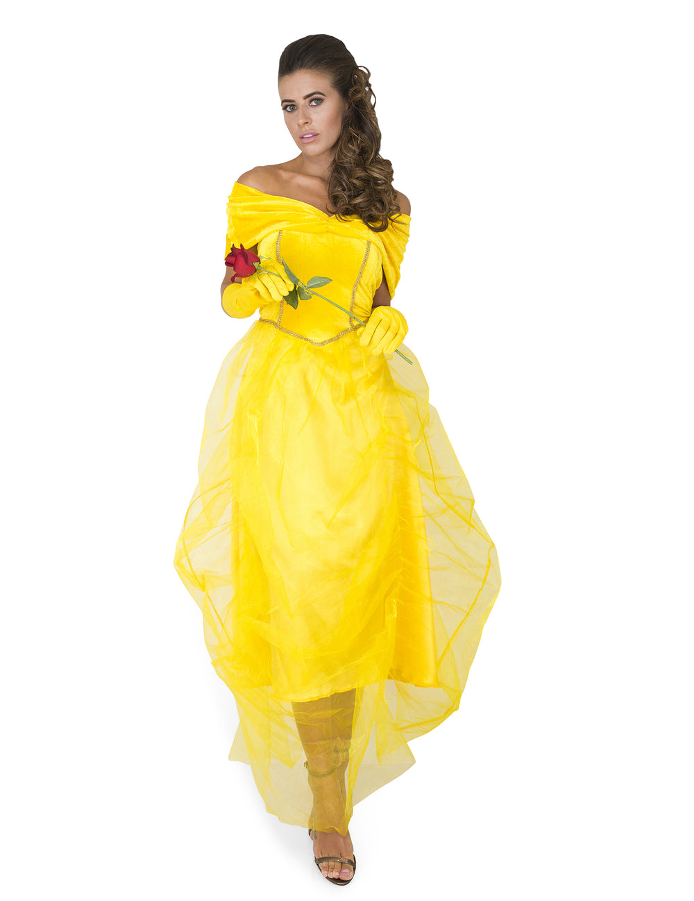 Déguisement de La Belle princesse pour femme jaune avec gants et rose rouge