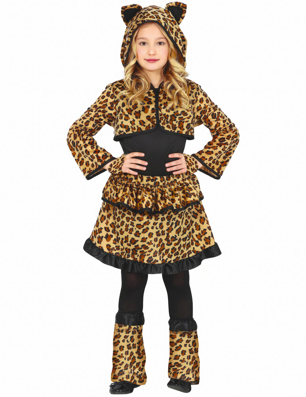 Déguisement léopard pour fille à motif tacheté marron et noir avec capuche à oreilles