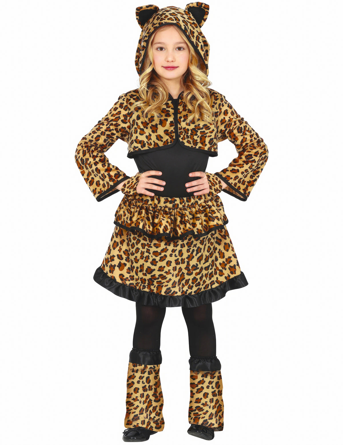 Déguisement léopard pour fille à motif tacheté marron et noir avec capuche à oreilles