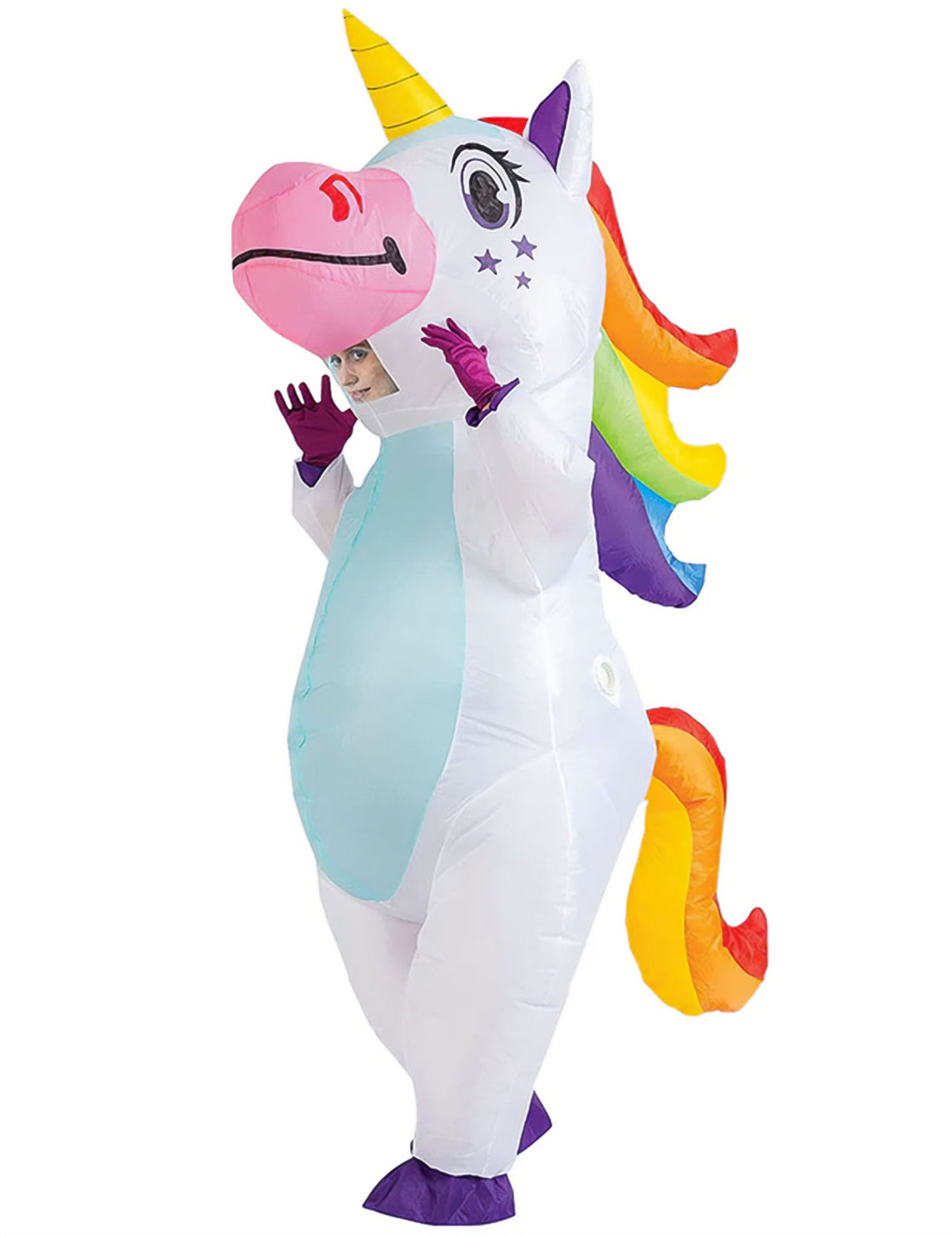 Déguisement licorne gonflable géante pour adulte blanc et arc-en-ciel