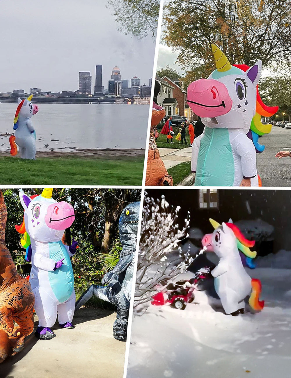 Mises en situation en extérieur du déguisement licorne gonflable géante