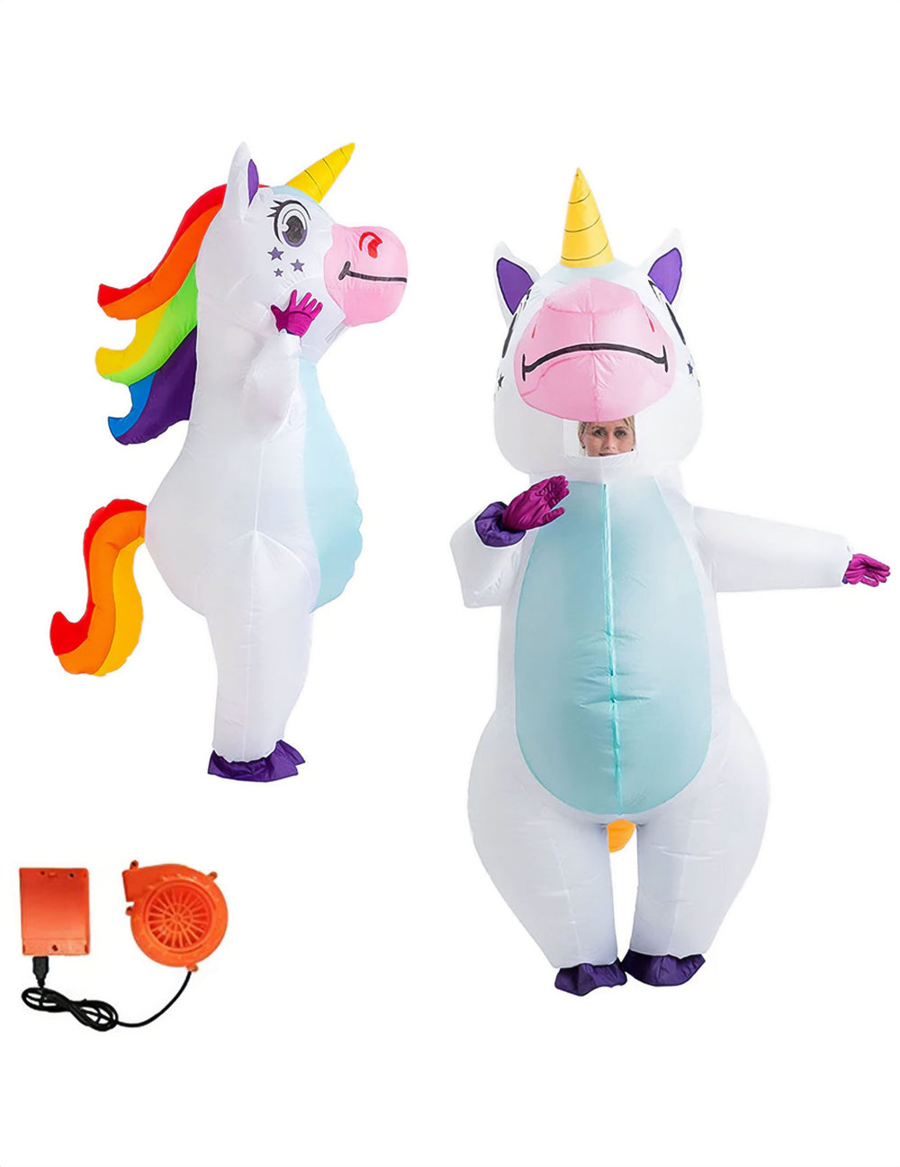 Vues de face et de profil avec le gonfleur du déguisement licorne gonflable géante