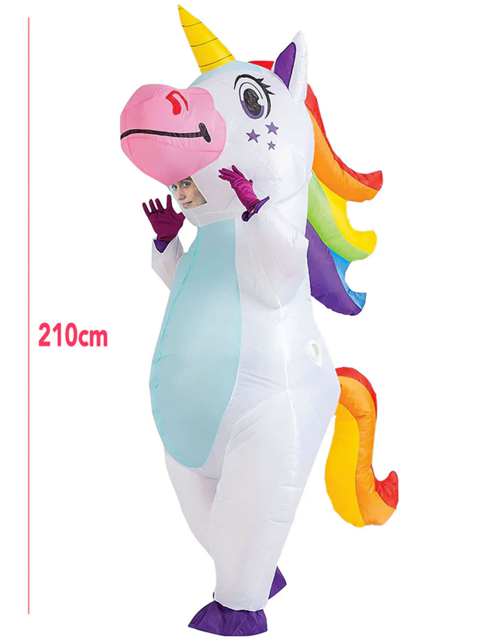 Vue de profil du déguisement licorne gonflable géante