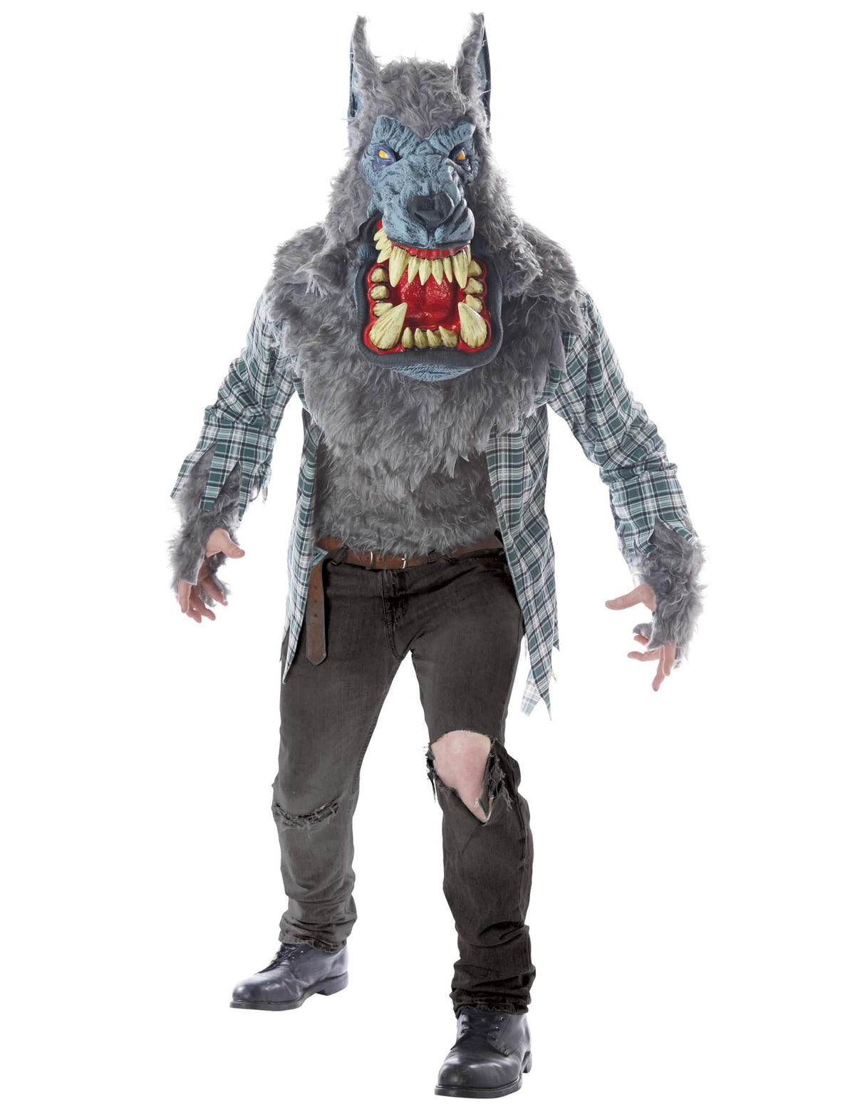 Déguisement et masque loup-garou luxe pour adulte gris avec chemise à carreaux