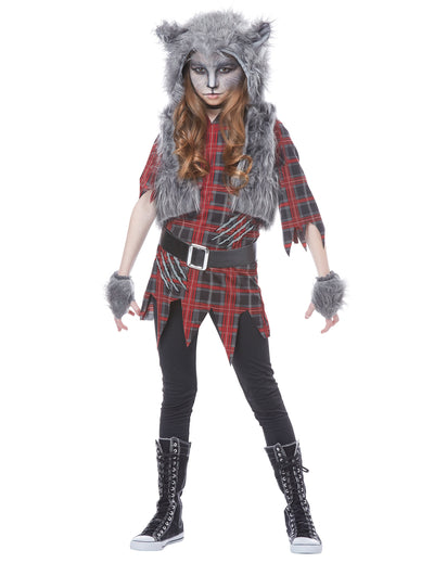 Déguisement loup garou luxe pour fille rouge et gris avec fourrure