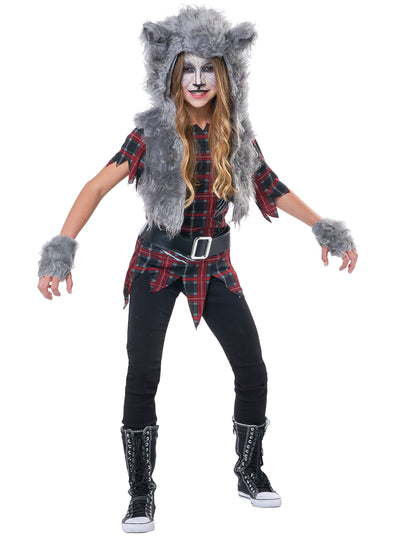 Vue de face du déguisement loup garou luxe pour fille