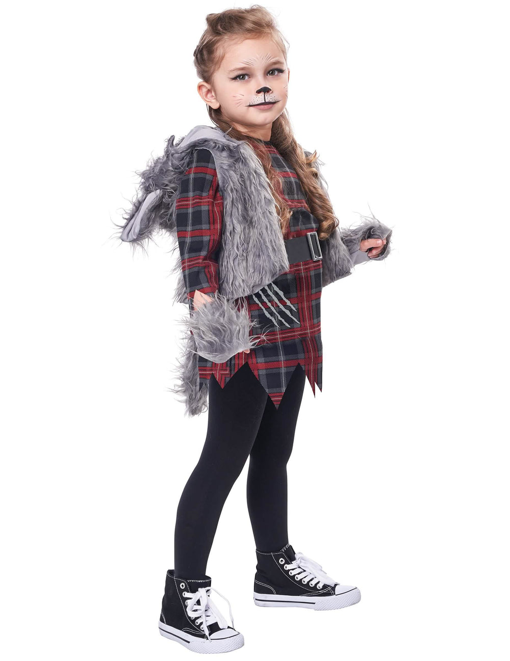 Pohled ze tří čtvrtin na kostým vlkodlaka pro dívku šedá luxus