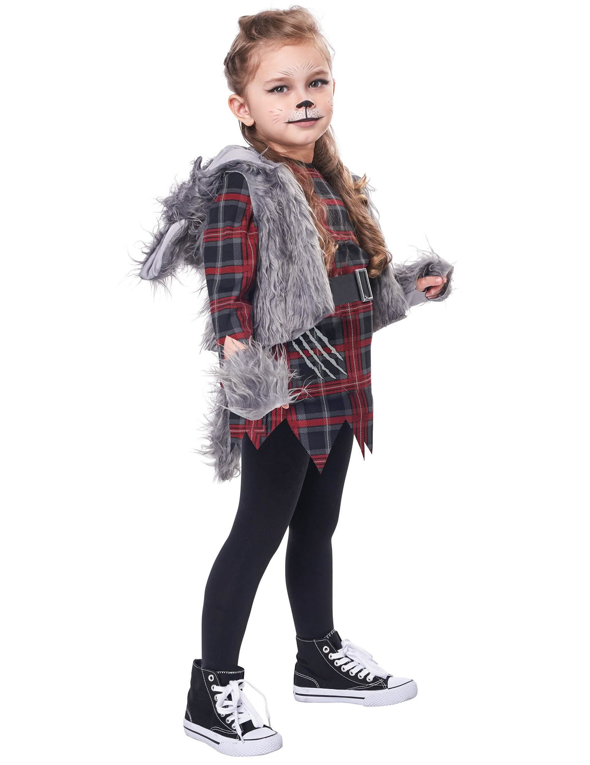 Pohled ze tří čtvrtin na kostým vlkodlaka pro dívku šedá luxus