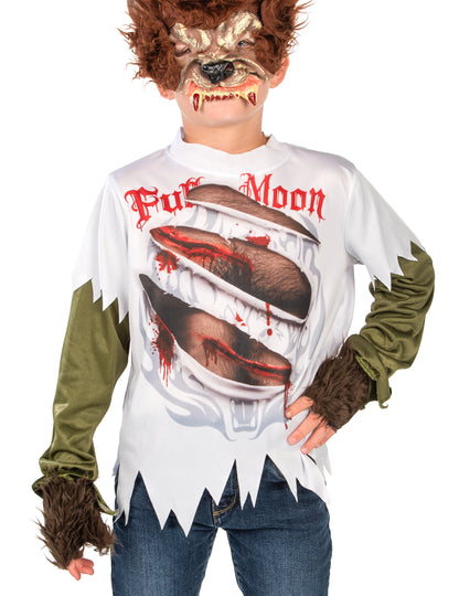 Détail de l'imprimé et du masque du déguisement Loup-Garou pour enfant