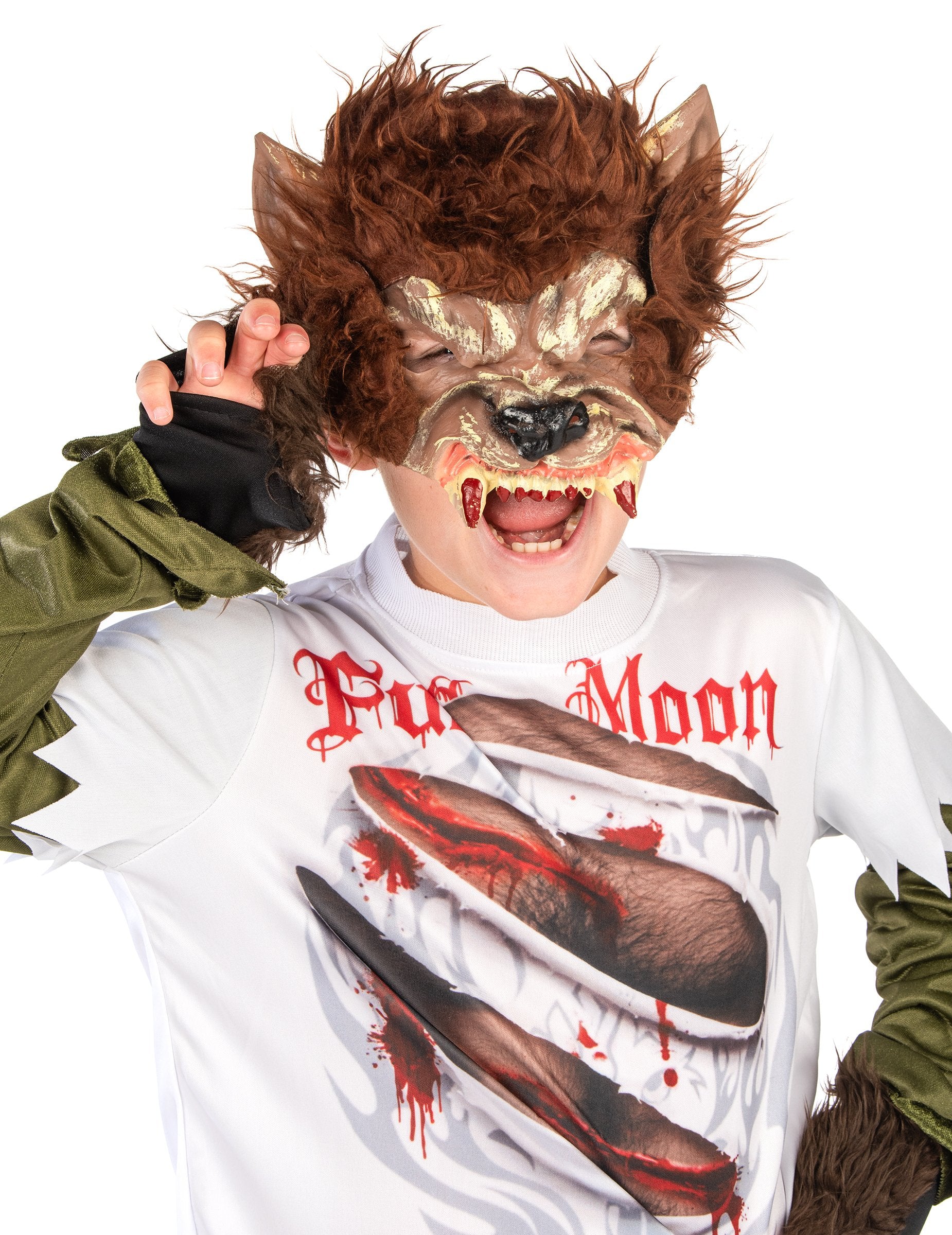 Gros plan sur le masque et le buste du déguisement Loup-Garou pour enfant