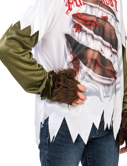 Détail de la main en fourrure et des griffures du déguisement Loup-Garou pour enfant