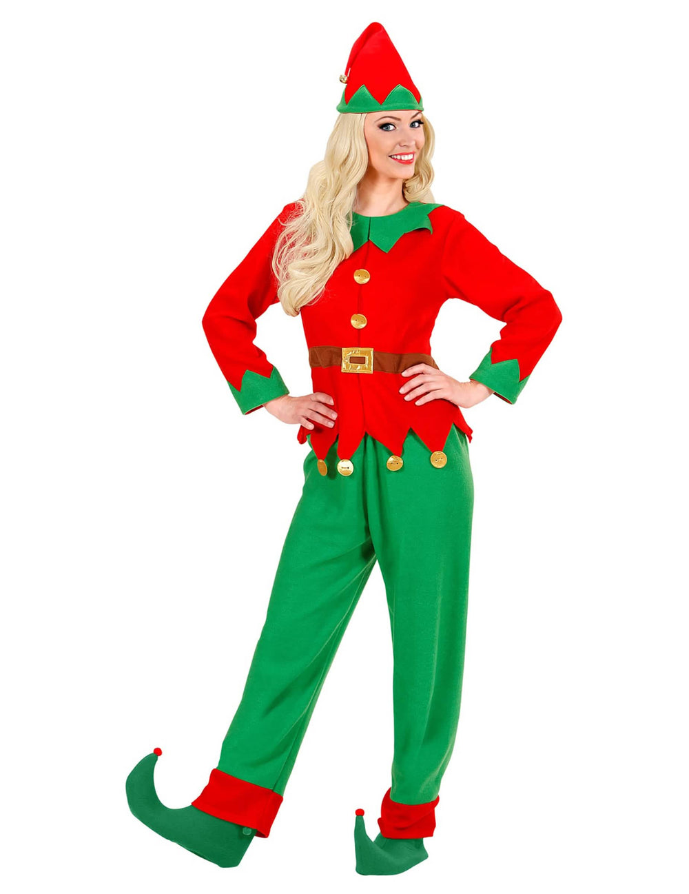 Kostým vánočního skřítka santa claus pro ženu červená a zelená s čepicí a návleky na boty
