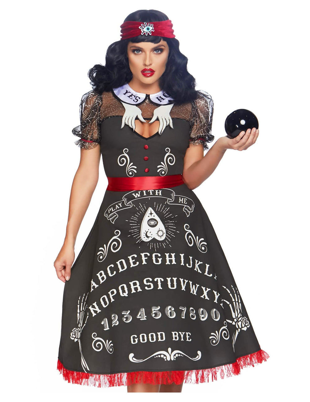 luxusní kostým věštkyně pro ženu černá a červená s motivy tabulky Ouija