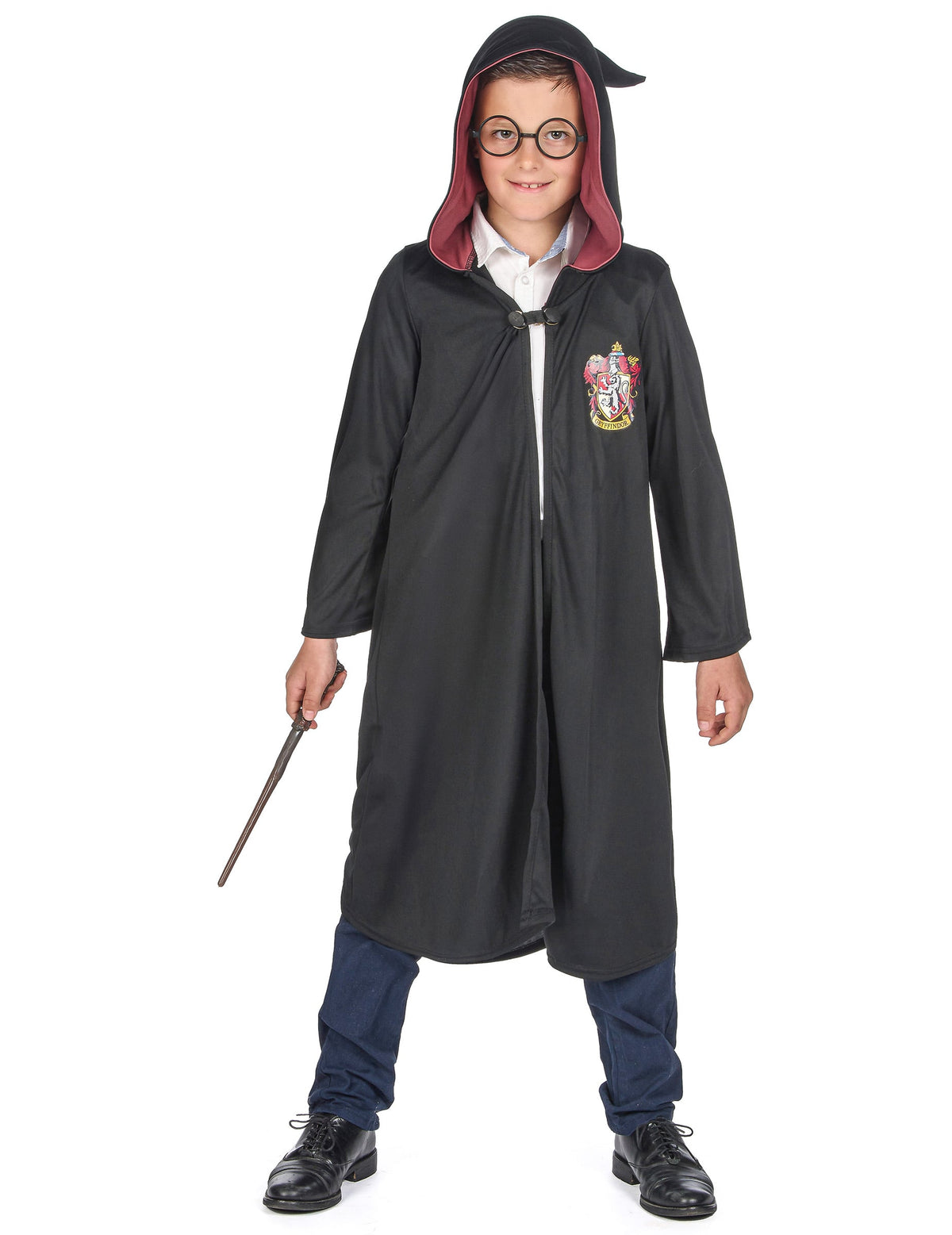 Vue avec capuche et lunettes du déguisement luxe robe de sorcier Gryffondor Harry Potter
