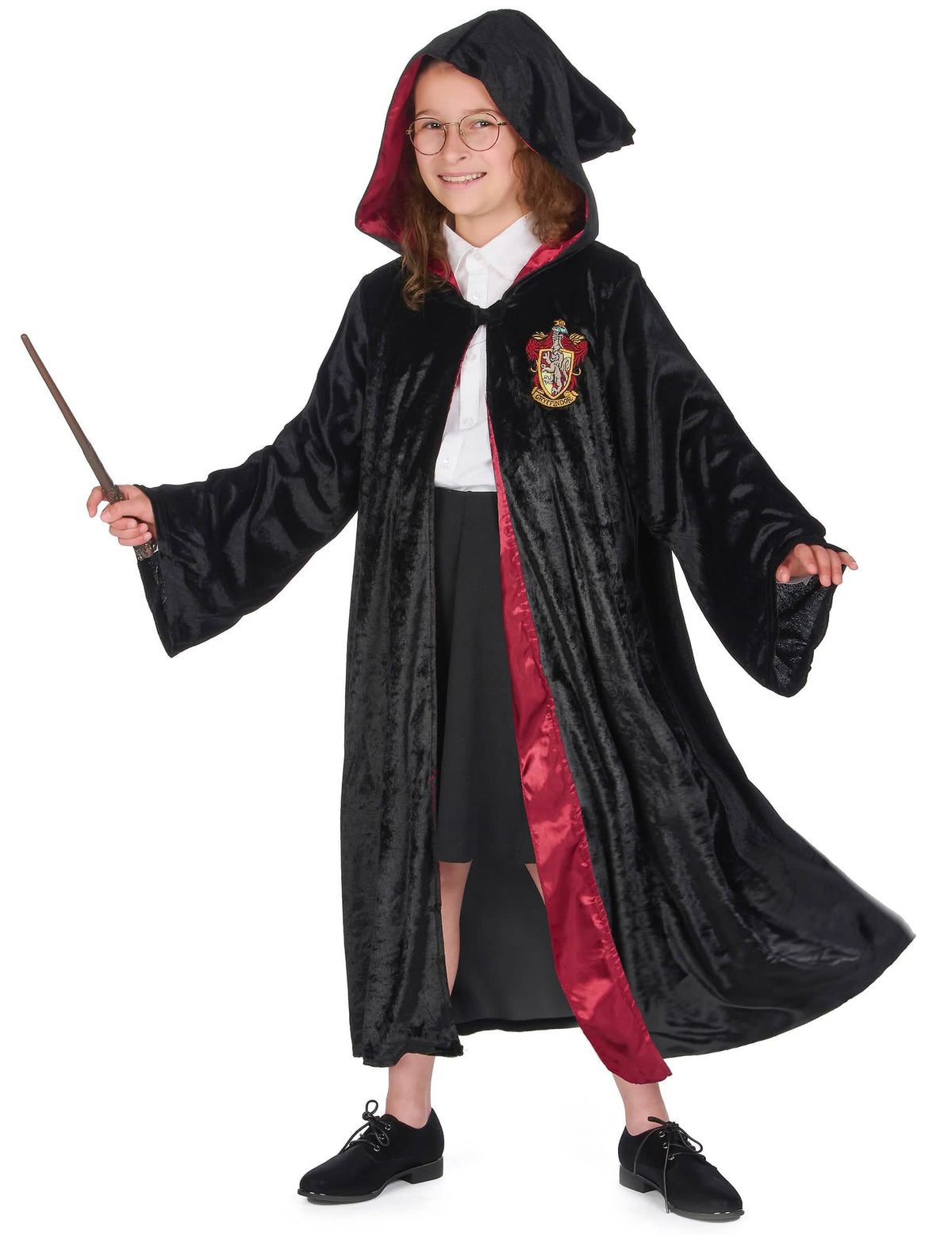 Pohled s kapucí a hůlkou na luxusním kostýmu šatů Harry Potter pro dítě