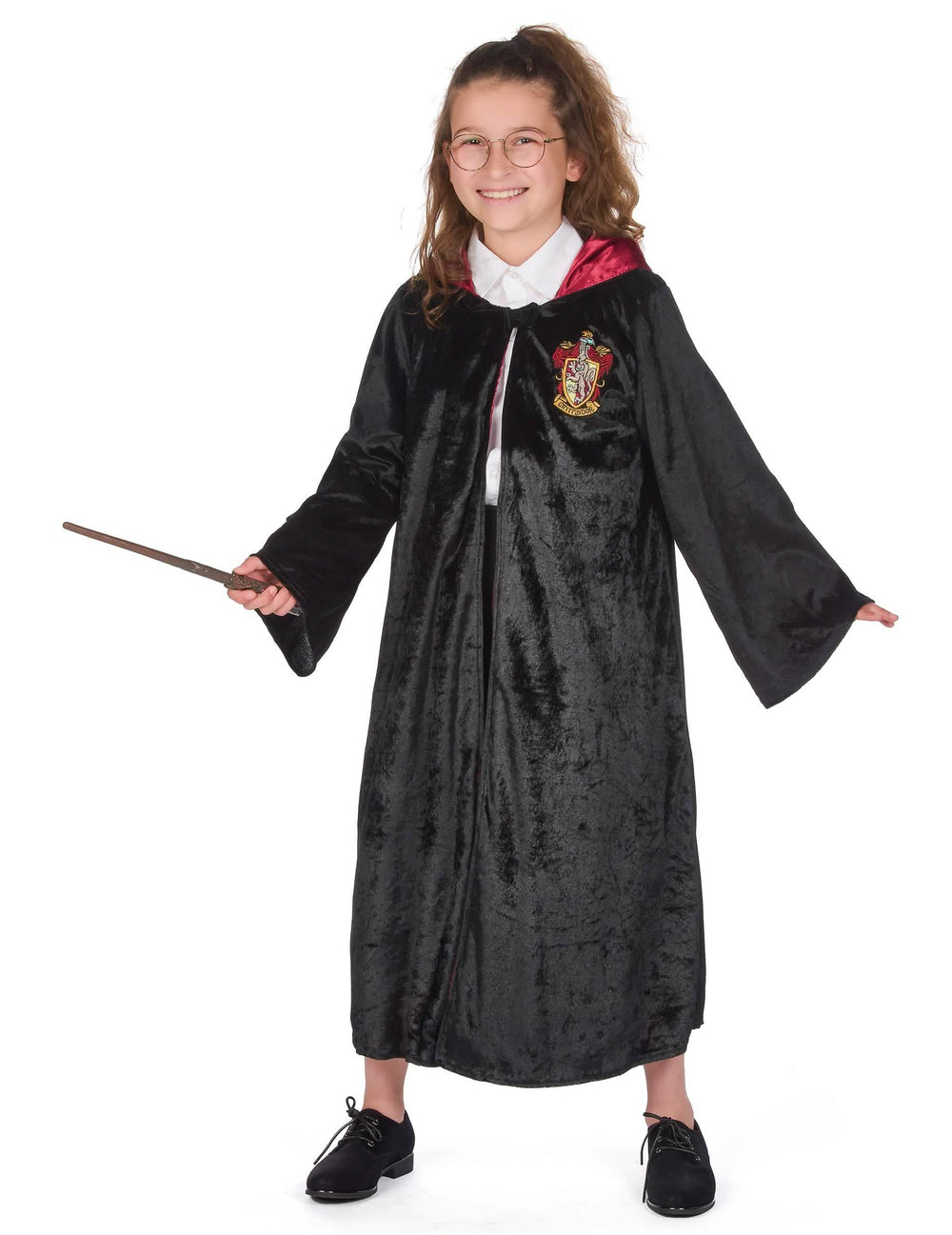 Pohled zepředu s brýlemi a hůlkou luxusního kostýmu šaty Harry Potter